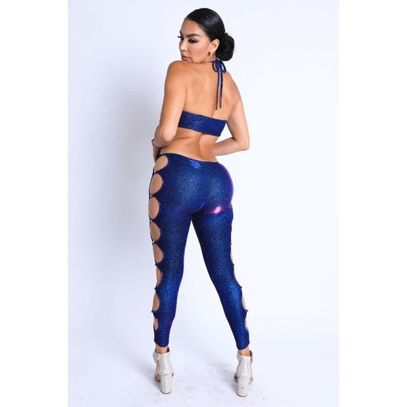 Women's Sleeveless Glittery Cutout Halter Neck Keyhole Sexy Party Jumpsuit - Picture 5 of 10